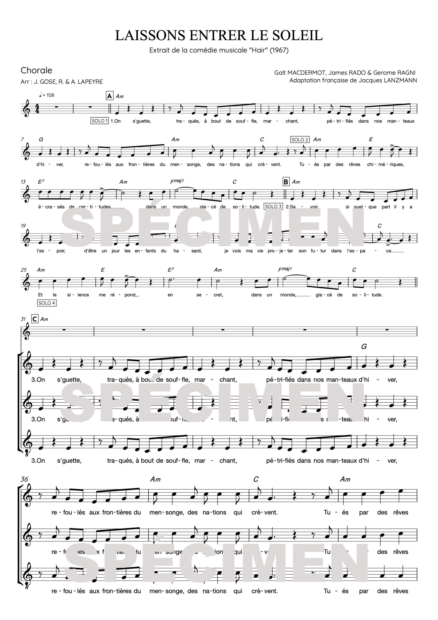 Laissons entrer le soleil chorale tronqué "Laissons entrer le soleil" comédie musicale Hair version 2 (chant)